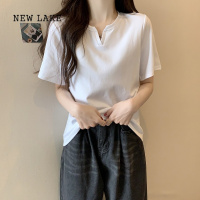 NEW LAKE大码女装纯棉V领正肩T恤女夏季2024新款胖MM宽松显瘦百搭短袖上衣