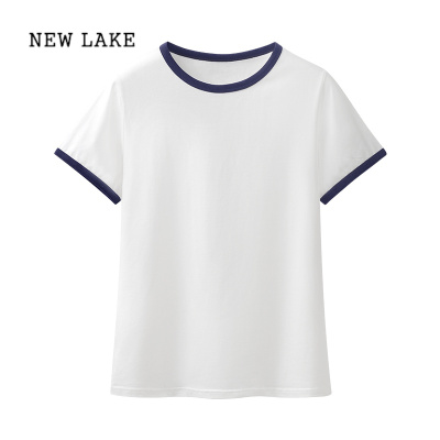 NEW LAKE纯棉短袖白色t恤女装夏季新款粉色体恤上衣修身打底衫衣服