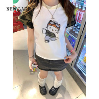 NEW LAKE韩版看拼色卡通猫咪短袖t恤女夏季修身显瘦气质休闲百搭上衣