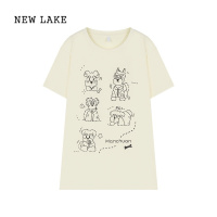 NEW LAKE可爱趣味狗狗涂鸦短袖T恤女夏季宽松休闲百搭杏色上衣潮