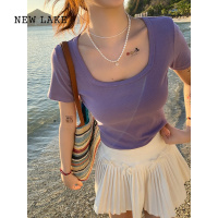 NEW LAKE方领短袖t恤女2024新款紫色半袖体恤修身夏季大领口正肩短款上衣