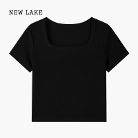 NEW LAKE羊城故事 纯色方圆领短袖t恤女2024春夏季新款小个子短款修身上衣