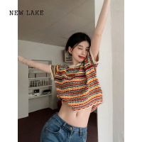 NEW LAKE辣妹彩虹短袖针织T恤女春季2024新款设计感小众短款修身露脐上衣