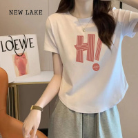 NEW LAKE别致纯棉女士短袖t恤女2024夏季新款弧形下摆韩版不规则上衣短款