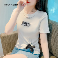 NEW LAKE2024夏装新款字母绣花圆领短袖t恤女百搭时尚蝴蝶结不规则上衣服