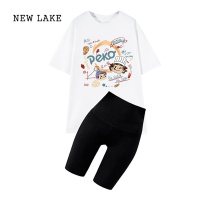 NEW LAKE黑色短袖t恤女夏季新款套装慵懒风半袖上衣两件套鲨鱼裤宽松大码