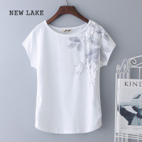 NEW LAKE2024新款夏装白色纯棉t恤女短袖中年妈妈气质上衣洋气老人衫套装