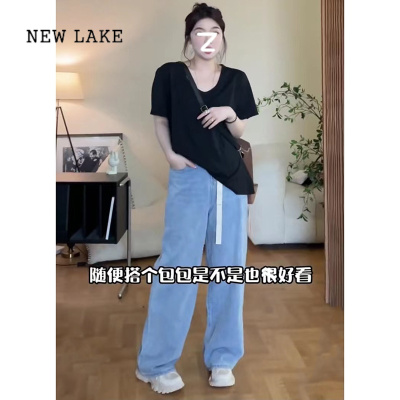 NEW LAKE晶咕蕾蕾宠粉胖mm休闲简约V领仿醋酸短袖T恤女夏大码宽松百搭上衣