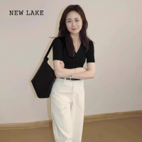 NEW LAKE早春chic上衣辣妹修身v领黑色内搭打底衫2024新款正肩短袖t恤女夏