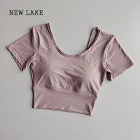 NEW LAKE夏季瑜伽服带胸垫运动短袖女紧身露脐性感速干舞蹈跑步健身服T恤
