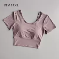 NEW LAKE夏季瑜伽服带胸垫运动短袖女紧身露脐性感速干舞蹈跑步健身服T恤