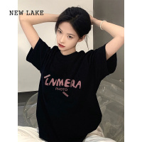 NEW LAKE欧货潮牌黑色短袖T恤夏装女2024年新款美式oversize正肩上衣体恤