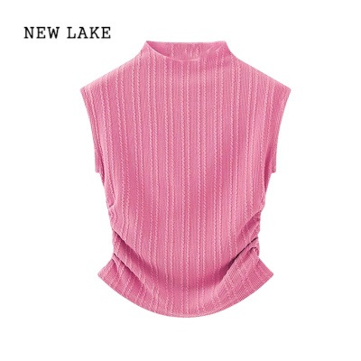 NEW LAKE早春韩系穿搭短袖粉色正肩t恤女款夏季新款多巴胺掐腰茶艺风上衣
