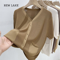 NEW LAKE大码女装[80-200斤]套头V领冰丝短袖T恤女假开衫口袋针织上衣薄