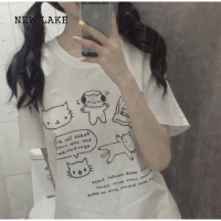 NEW LAKEheejoo~原创可爱猫咪动漫卡通印花短袖t恤女潮牌上衣新款大概会