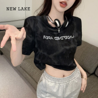 NEW LAKE美式甜辣bm风上衣搭配工装裤设计感小众短款正肩T恤女扎染短袖夏