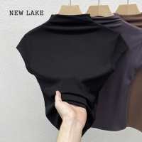 NEW LAKE半高领短袖t恤女2024新款夏季冰丝针织短款打底紧身正肩黑色上衣