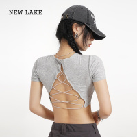 NEW LAKE后背镂空带胸垫短袖T恤女夏短款性感辣妹高腰别致绑带露背上衣潮