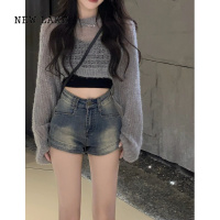 NEW LAKE高腰紧身千禧辣妹牛仔短裤女夏季薄款小个子显瘦A字包臀大码热裤