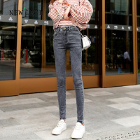 NEW LAKE烟灰色牛仔裤女小脚裤2024春秋新款百搭紧身弹力高腰显瘦铅笔裤子