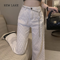 NEW LAKEluna潞娜 白色菱格纹牛仔裤女高腰显瘦直筒阔腿裤