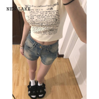 NEW LAKE美式高街牛仔短裤女2024夏季复古设计感小众高腰显瘦辣妹A字热裤