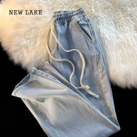 NEW LAKE绑带松紧腰牛仔裤女开春新款经典耐磨百搭宽松直筒裤小个子九分裤