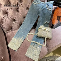 NEW LAKE设计感重工钉珠亮片牛仔裤女2024年夏季新款高腰显瘦减龄烟管裤子