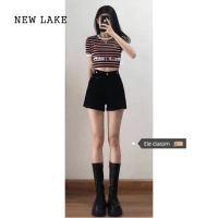 NEW LAKE设计感甜辣卷边牛仔短裤女夏季薄款高腰显瘦大码胖MM阔腿A字热裤