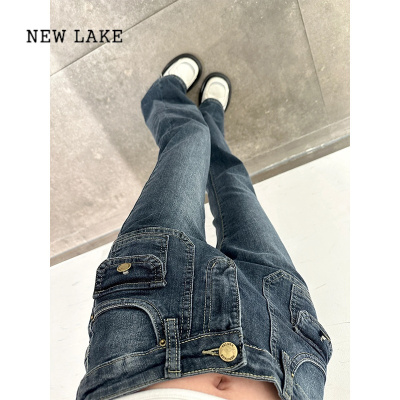 NEW LAKE炸街裤~美式复古蓝工装牛仔裤高腰喇叭裤微喇裤女弹力裤子