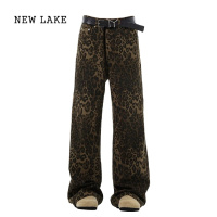 NEW LAKE美式复古垂感豹纹牛仔裤女款潮牌欧美hiphop裤子宽松直筒阔腿长裤