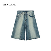 NEW LAKE蓝色复古做旧水洗牛仔裤女装夏季高腰宽松显瘦直筒裤五分裤短裤子