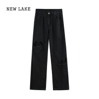 NEW LAKE黑色破洞牛仔女夏季美式高街宽松直筒裤垂感小个子显瘦阔腿长裤子
