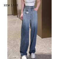 NEW LAKE重工烫钻拖地牛仔裤女春季2024新款裤子高腰垂感阔腿裤宽松直筒裤