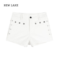 NEW LAKE白色铆钉牛仔短裤女夏季小个子辣妹高腰直筒裤子y2k修身休闲热裤