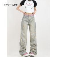 NEW LAKE高街黄泥染牛仔裤女春季宽松直筒阔腿长裤小众vibe拖地浅色裤子潮