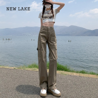 NEW LAKE卡其色高腰窄版加绒工装裤女美式高街复古休闲阔腿拖地牛仔裤