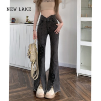 NEW LAKE微喇牛仔裤女2024新款夏季辣妹高腰显瘦小众设计感开叉喇叭裤子潮