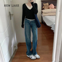 NEW LAKE复古窄版阔腿垂感拖地牛仔裤女24年春季新款高腰显瘦小个子直筒裤