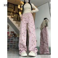 NEW LAKE韩版甜美粉色小熊印花牛仔裤女小个子显瘦直筒阔腿休闲长裤潮