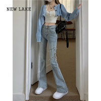 NEW LAKE美式辣妹绑带牛仔裤女2024年春秋新款高腰小个子微喇叭裤子潮ins
