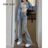NEW LAKE美式辣妹绑带牛仔裤女2024年春秋新款高腰小个子微喇叭裤子潮ins