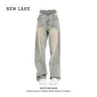 NEW LAKE美式复古设计感阔腿牛仔裤女夏季高腰街头hiphop高街直筒宽松长裤