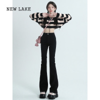 NEW LAKE黑色微喇牛仔裤女2024春夏新款高腰显瘦弹力小个子马蹄拖地喇叭裤