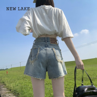 NEW LAKE毛边阔腿牛仔短裤女夏季薄款2024新款高腰显瘦设计感小众a字热裤