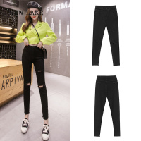 NEW LAKE黑色破洞牛仔裤女夏季薄款小个子九分高腰收腹提臀显瘦修身小脚裤