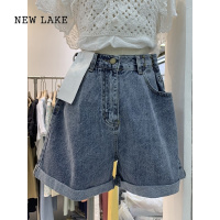 NEW LAKE高腰牛仔短裤女夏季大码薄款适合胯大腿粗宽松a字卷边阔腿热裤潮
