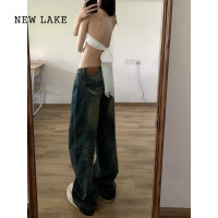 NEW LAKE辣妹港风牛仔裤女大码胖mm微胖高街低腰显瘦做旧阔腿拖地长裤春秋