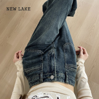 NEW LAKE窄版阔腿牛仔裤女2024新款加绒裤子高个子复古高腰拖地直筒裤