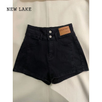 NEW LAKE妈生模腿!黑色牛仔短裤女夏季设计感高腰辣妹热裤显瘦直筒裤